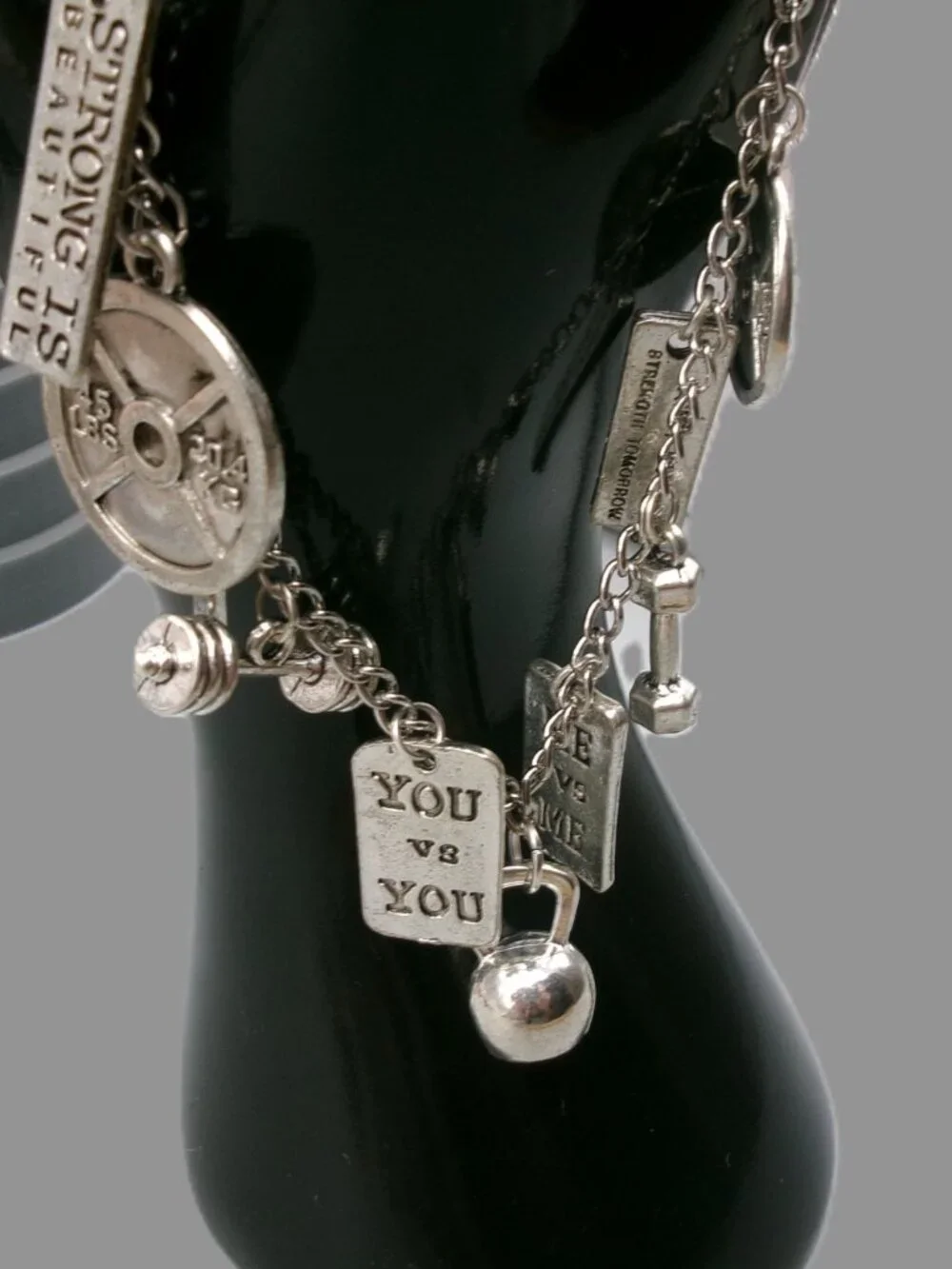 Silver Gym Fitness Motivational Charm Bracelet, Weigts, Dumbbell, Kettle Ball